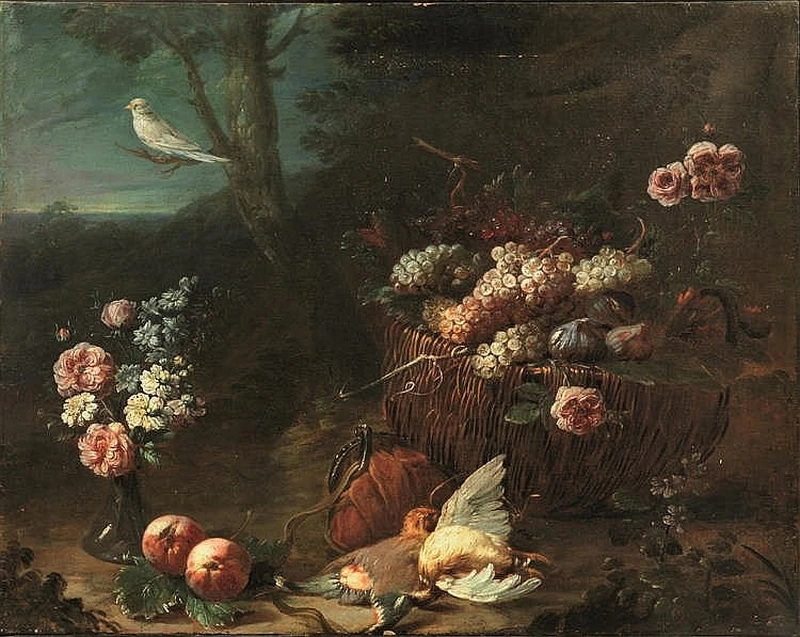 Candido - Natura morta con frutta, fiori e selvaggina in paesaggio